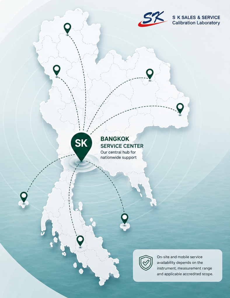 Thailand map illustrating nationwide calibration service coverage from S K Sales & Service.