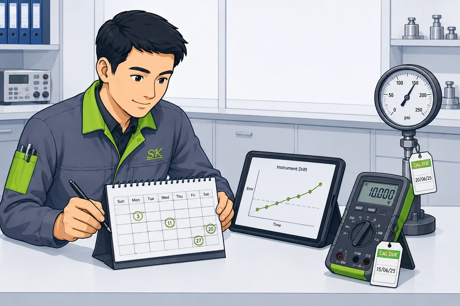 A specialist reviewing instrument calibration history and due dates