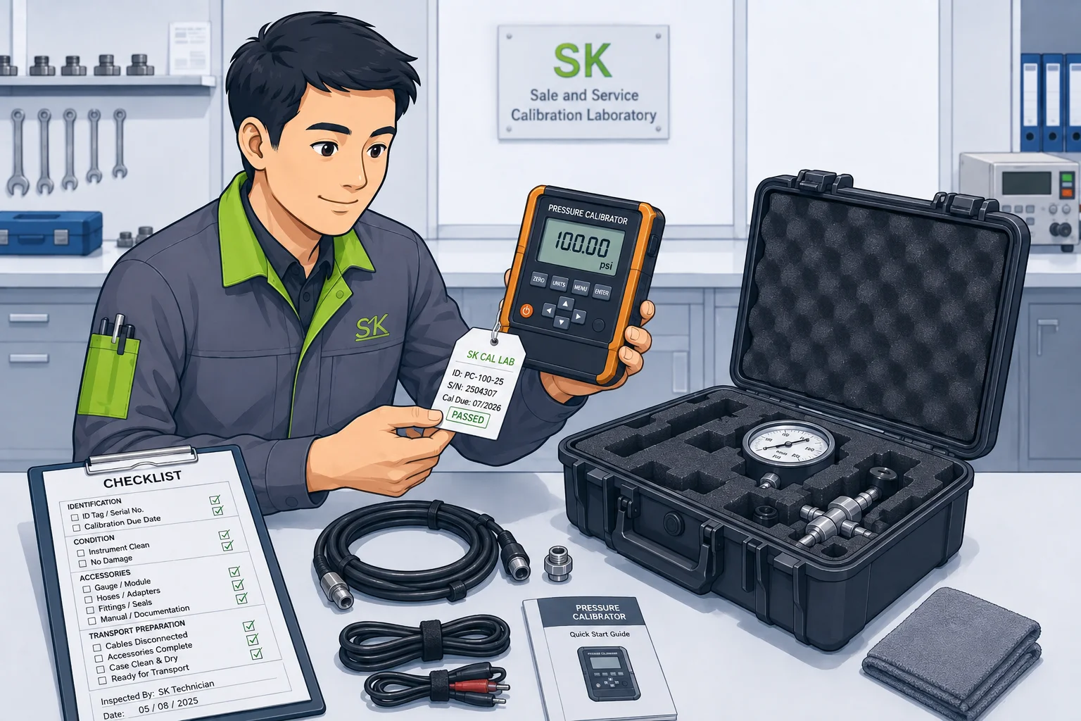 A specialist checking an instrument and accessories before calibration