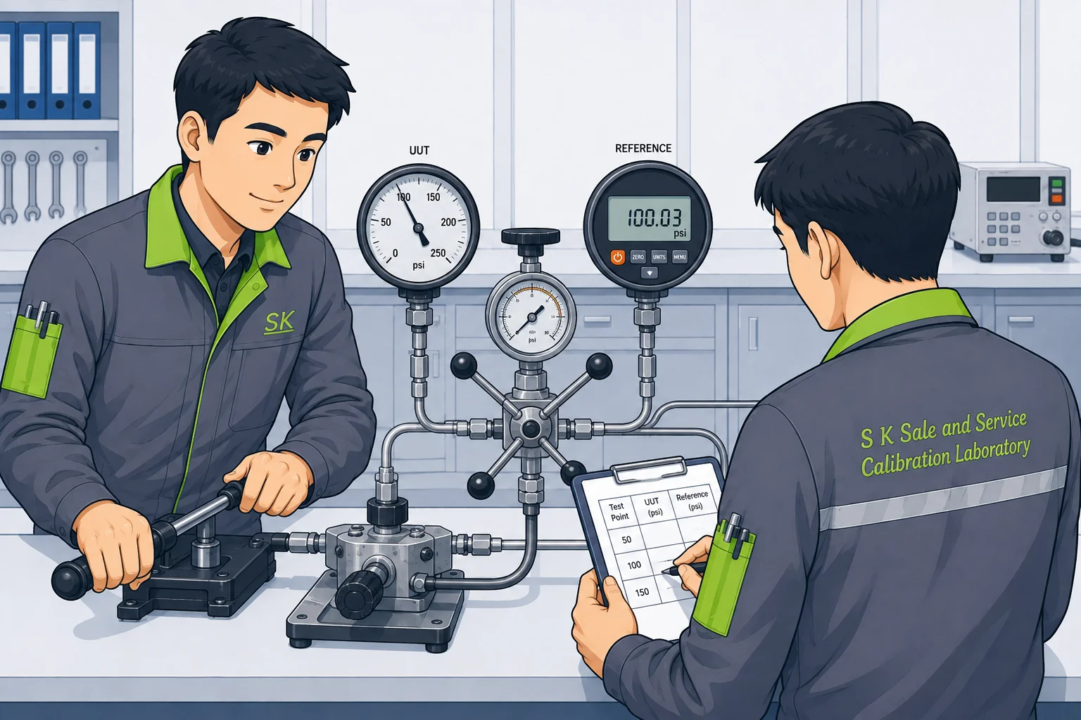 A specialist calibrating a pressure gauge against a reference standard