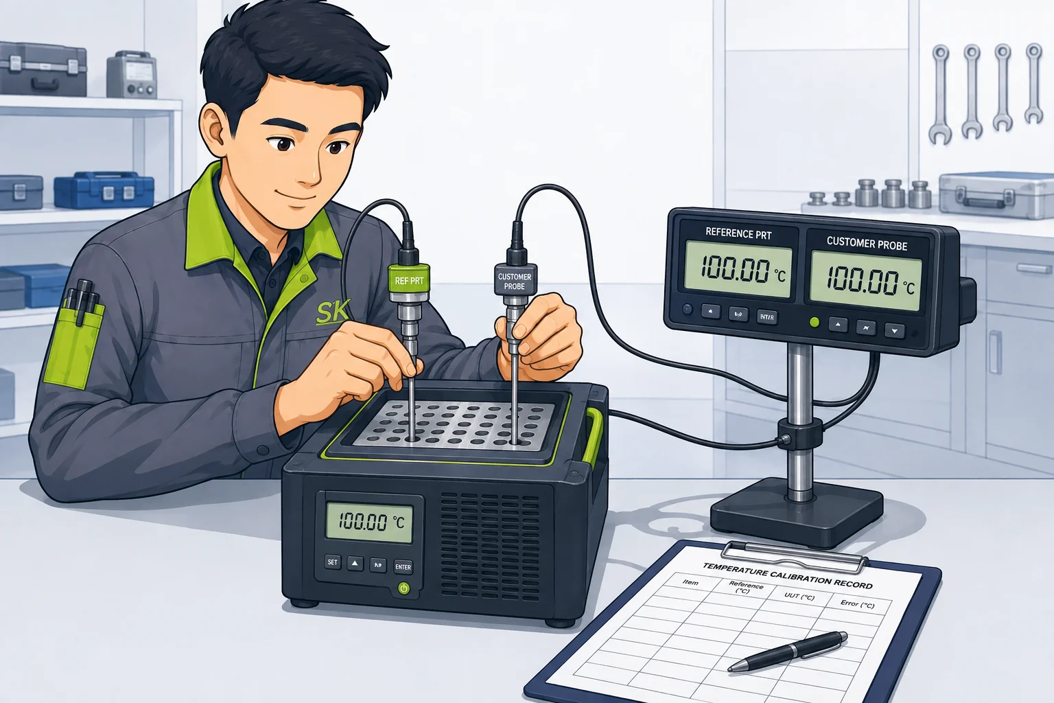 A specialist calibrating a temperature instrument in a controlled source