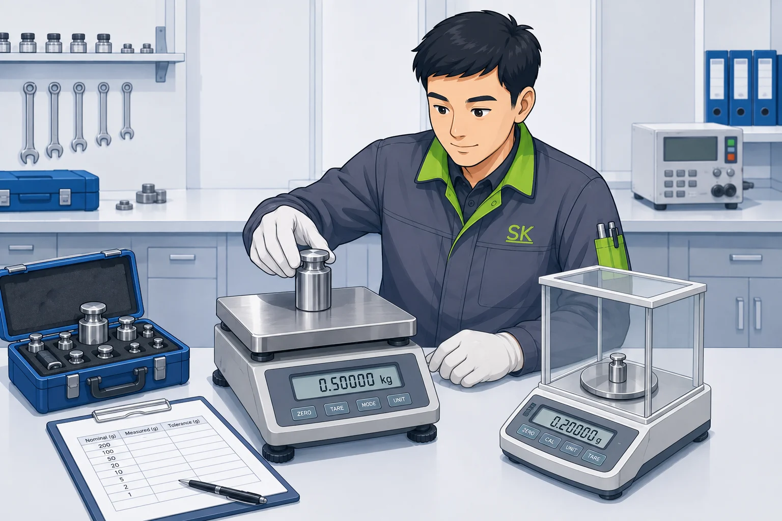 A specialist calibrating a scale with traceable reference weights