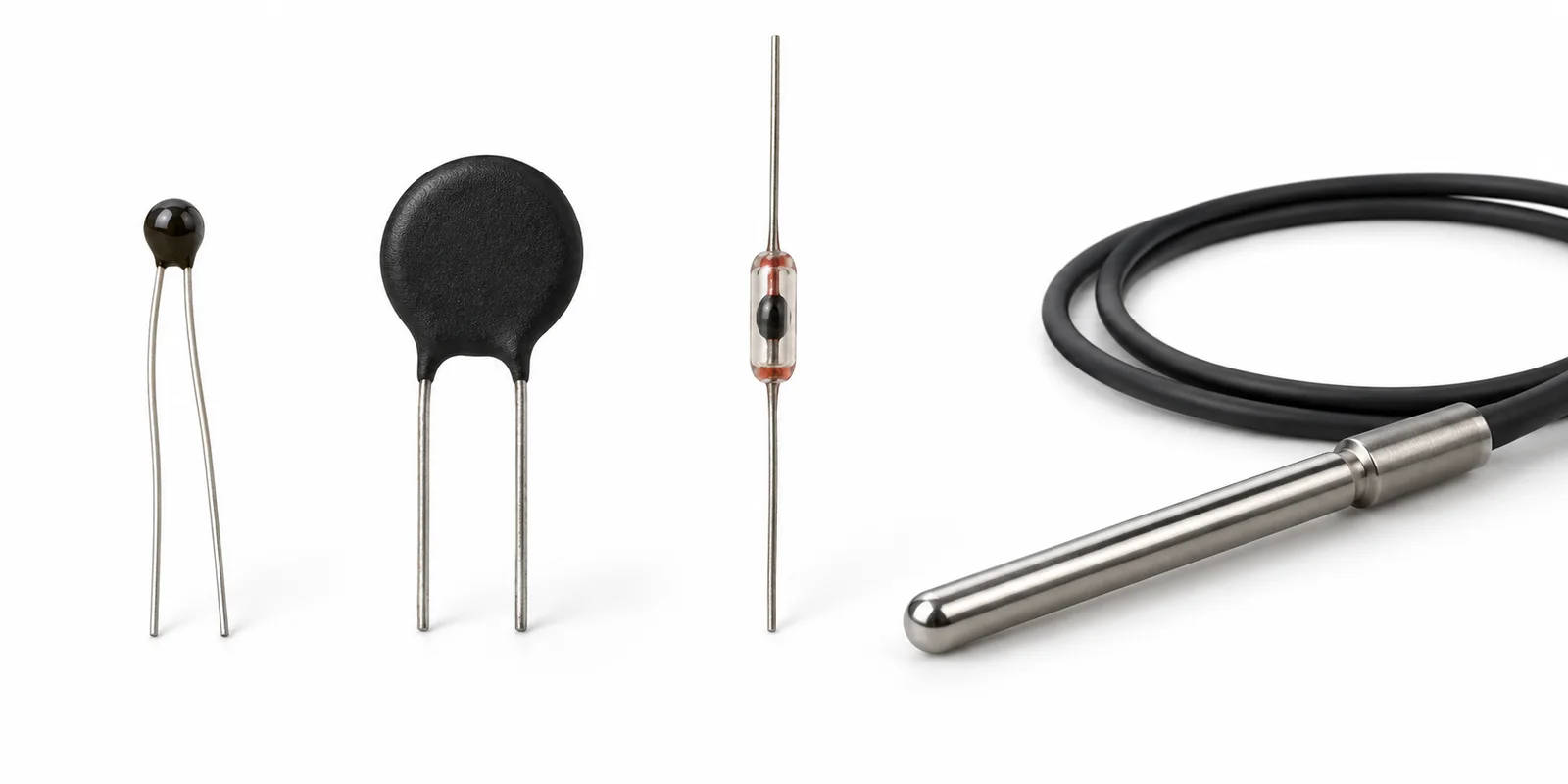 ภาพประกอบตัวอย่าง Thermistor แบบเม็ด แบบแผ่น แบบแก้ว และแบบโพรบ