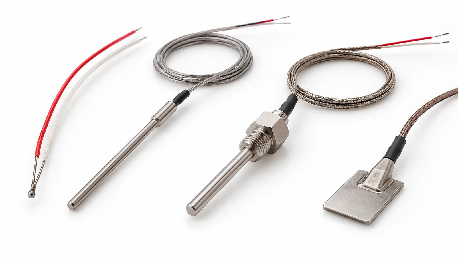 ภาพประกอบตัวอย่างรูปทรงโพรบ Thermocouple แบบสาย แบบจุ่ม แบบเกลียว และแบบวัดพื้นผิว
