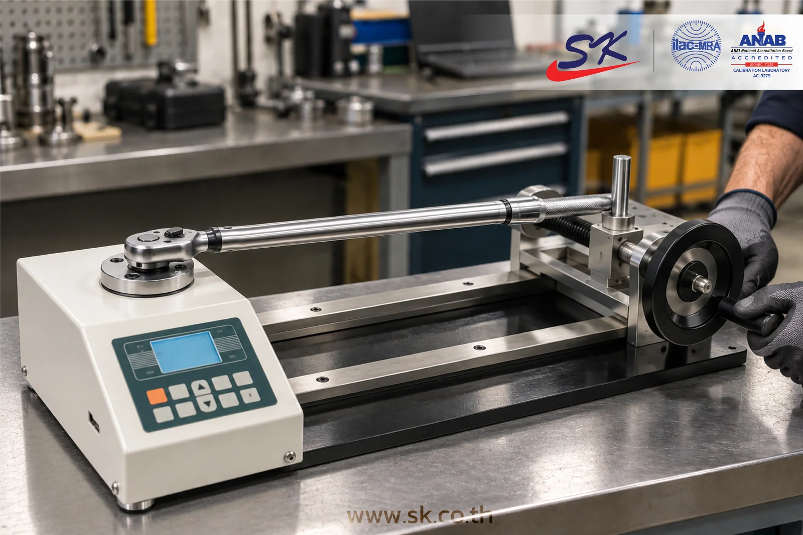 Illustration of a bench-mounted torque wrench tester