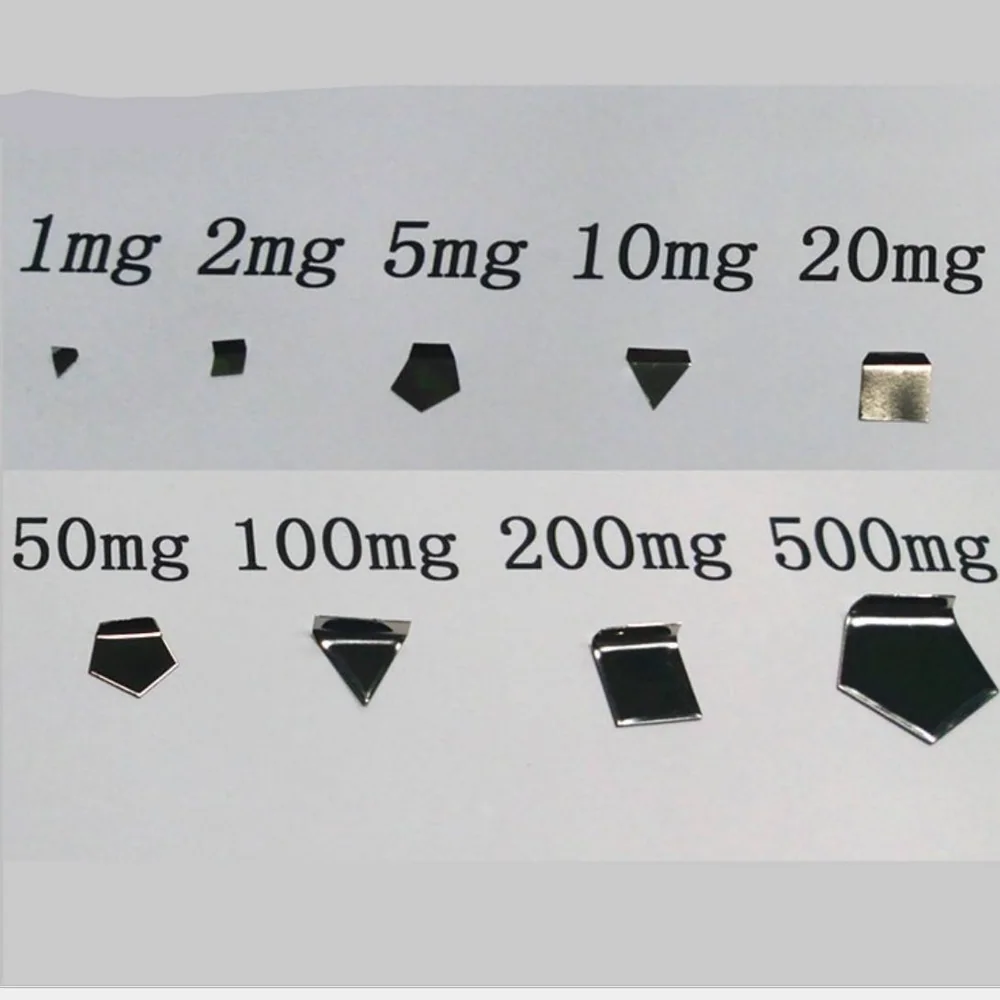 ตัวอย่างตุ้มน้ำหนักแผ่นขนาด 1–500 mg สำหรับงานมวลขนาดเล็ก